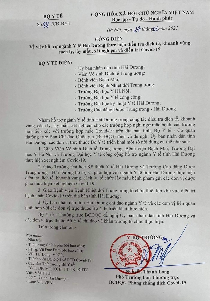 Công điện của Bộ Y tế. ảnh: moh.gov.vn