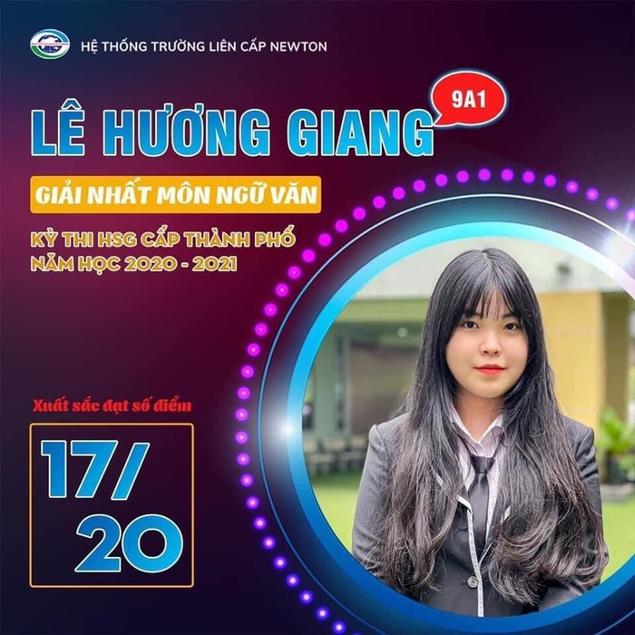 Lê Hương Giang xuất sắc được tuyển thẳng vào chuyên Văn trường chuyên Sư phạm, nhưng đã chọn trường THPT Newton.