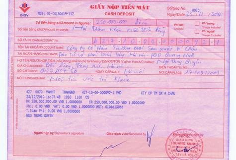 Giấy nộp tiền số 0070 cho thấy ông Ngô Trung Quyên – Giám đốc Vận tải Thăng Long đã nộp 250 triệu vào ngân hàng BIDV chi nhánh Quang Minh nhằm mua lại số đất mà bà Oanh thế chấp.