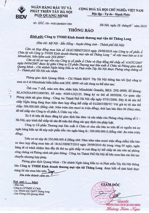 Thông báo của BIDV Quang Minh tới vận tải Thăng Long về việc chấp thuận cho Á Châu bán xe ô tô lấy tiền trả nợ.