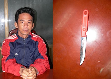 Chân dung đối tượng Nguyễn Thành Ở và con dao gây án được cơ quan CA tìm thấy.