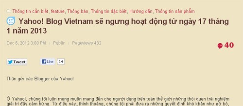 Thông báo của Yahoo Blog lúc 3h chiều ngày 6/12.