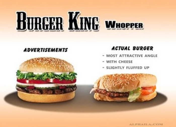 13. Quảng cáo đồ ăn nhanh Burger King, Taco Bell và McDonalds: Các hãng đồ ăn nhanh này đã sử dụng hình ảnh những chiếc bánh rất ngon lành để quảng cáo, nhưng trên thực tế, sản phẩm của họ trông rất thảm.