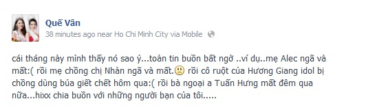 Dòng chia sẻ của Quế Vân trên trang cá nhân nói về cái chết của người phụ nữ được cho là cô ruột của Hương Giang Idol.