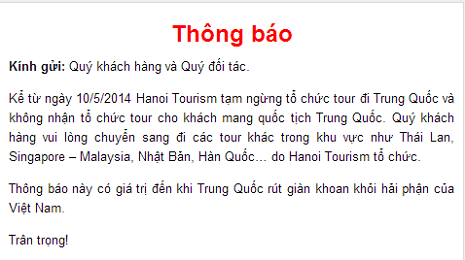 Thông báo tạm ngừng tổ chức tour đi Trung Quốc của Công ty cổ phần đầu tư du lịch Hà Nội.