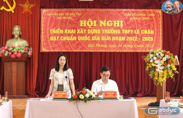 Bà Trần Thu Hương - Bí thư Quận uỷ Lê Chân phát biểu tại hội nghị (Ảnh: Phạm Linh)