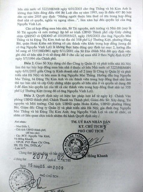 Văn bản của TP Hà Nội yêu cầu thu hồi giấy chứng nhận quyền sở hữu nhà ở và sổ đỏ đối với ông Thắng