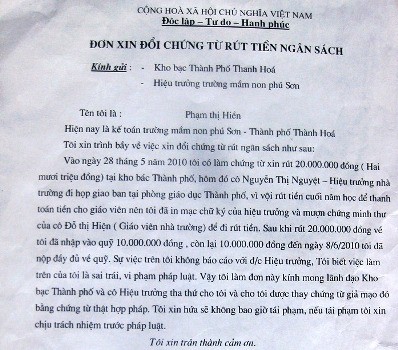 Văn bản ngày 8/6/2010 khẳng định rõ, bà Hiền in, mạc chữ ký rút ngân sách 20 triệu đồng (ảnh: ĐỨC THIỆN)