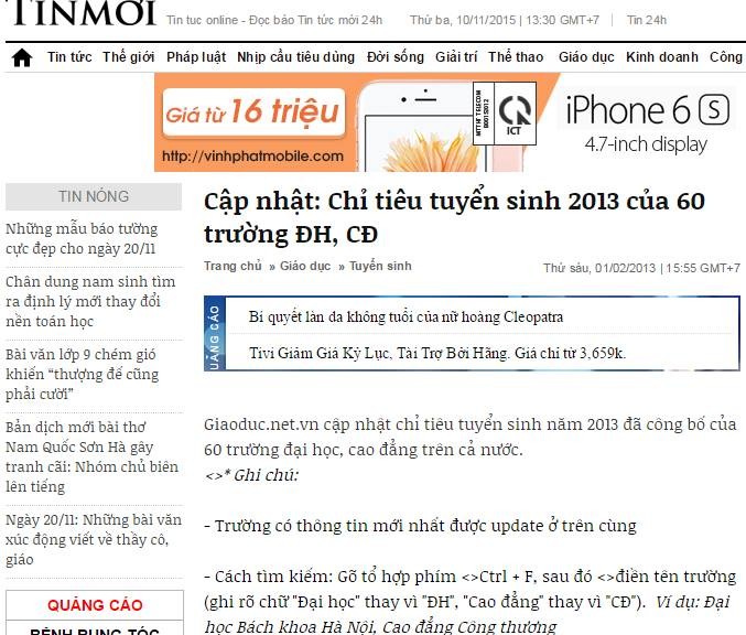 Toàn bộ tin bài của Báo điện tử Giáo dục Việt Nam mà trang tinmoi.vn lấy lại đều trái phép. Ảnh chụp màn hình.