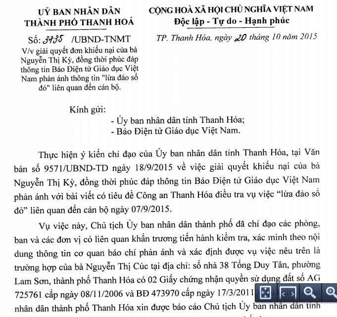 Công văn phúc đáp của UBND thành phố Thanh Hóa gửi Báo điện tử Giáo dục Việt Nam &quot;vụ lừa đảo tiền tỷ liên quan tới cán bộ&quot;. (ảnh: XUÂN QUANG).