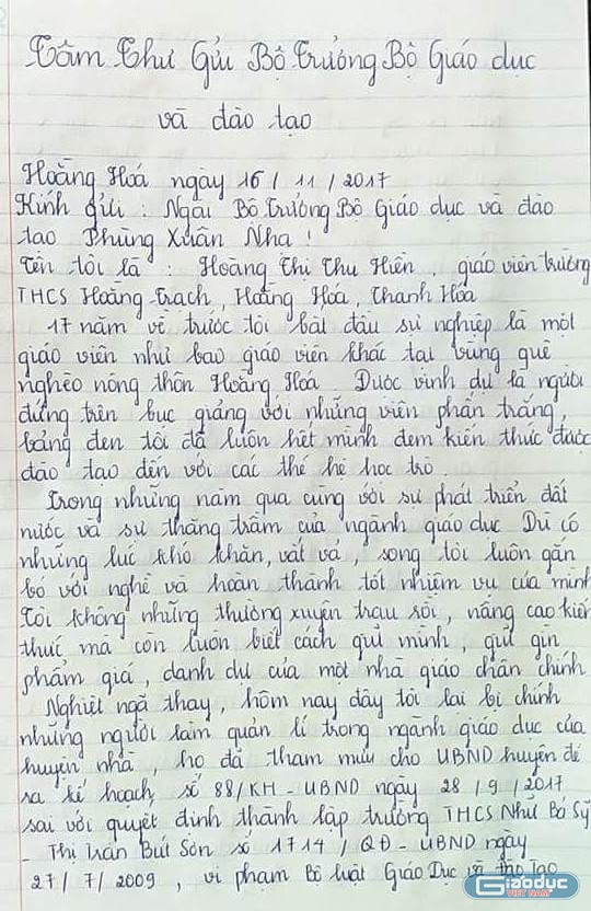 Bức thư cô Hiền viết gửi Bộ trưởng Phùng Xuân Nhạ. Ảnh: Thiên Minh.
