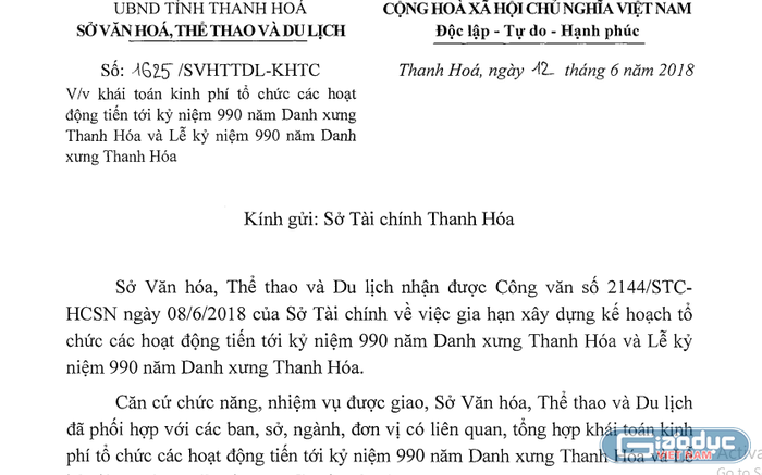 Sở Văn hóa, Thể thao và Du lịch Thanh Hóa khái toán chi phí tổ chức hoạt động tiến tới kỷ niệm 990 năm danh xưng Thanh Hóa và lễ kỷ niệm danh xưng Thanh Hóa. Anh: DU THIÊN.