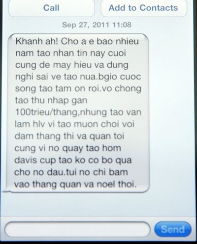 Tin nhắn của HLV Quần vợt VN cho VĐV Quốc Khánh.