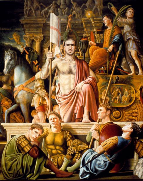 Các tượng đài nổi tiếng những năm 1990 của M.U, Cantona, Beckham, Butts, anh em Neville xuất hiện trong bức tranh “Triumphs of Caesar”.