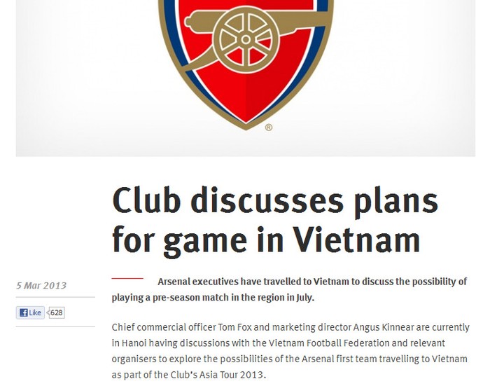 Thông tin về chuyến đi Việt Nam trên website chính thức Arsenal mới chỉ là cuộc gặp giữa giám đốc thương mại Tom Fox và giám đốc makerting Angus Kinnear với VFF.