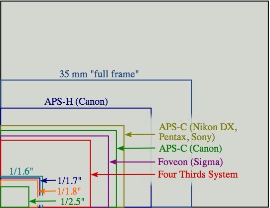Định dạng cảm biến: Kích thước các cảm biến Hầu hết các máy ảnh DSLR hiện tại đều sử dụng cảm biến APS-C có kích thước 24x16mm, nhỏ hơn khoảng 1 nửa so với film 35mm trước kia. Tuy vậy, 1 vài nhà sản xuất như Canon, Nikon và Sony cũng cho ra mắt những máy ảnh full frame có kích cỡ cảm biến bằng film 35mm ngày xưa, tức là 24x36mm. Một vài dòng máy của Canon lại sử dụng cảm biến APS-H có hệ số crop 1,3. Panasonic, Olympus thì hay sản xuất các máy four thirds nhỏ hơn nữa trên các dòng máy ảnh thay ống kính của họ. Tất cả các nhà sản xuất lớn (trừ Olympus và Panasonic) đều đưa ra những hệ thống ống kính tối ưu hóa cho máy có cảm biến APS-C, do vậy mà bạn không sợ phải thiếu ống kính như khi chúng mới ra mắt. Các ống kính full frame hoạt động rất tốt trên các máy APS-C nhưng bạn hãy cẩn thận khi dùng ống kính dành riêng cho APS-C lên full frame, chúng có thể bị đen 4 góc hay bị nhân hệ số crop y hệt như khi gắn lên APS-C. Vì vậy, hãy cân nhắc kỹ khi mua ống kính nếu muốn nâng cấp lên full frame sau này. Các nhà sản xuất cũng đưa ra những ký hiệu giúp người dùng dễ hình dung hơn, ví dụ với Nikon thì DX là máy APS-C còn FX là full frame. Sau đây là ký hiệu ống kính cho cảm biến APS-C: Canon - EF-S Nikon - DX Pentax - DA Sony - DT Sigma - DC Tamron - Di-II Tokina - DX.