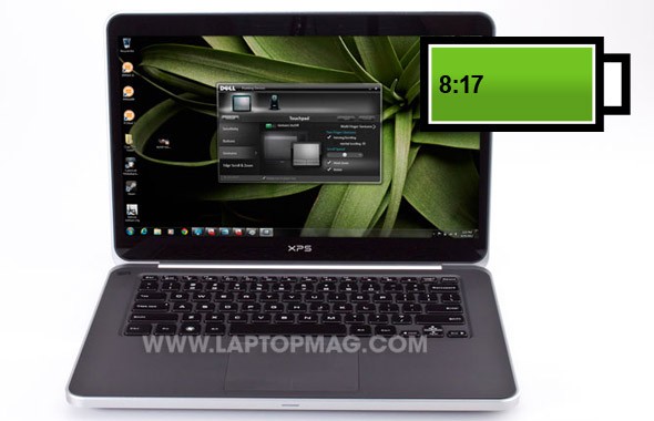 Dell XPS 14 Đây là một trong những ultrabook "cơ bắp" nhất hiện nay. Máy nặng 2,1 kg. Tuy nhiên, nặng thêm 1 chút đôi khi lại mang lại những giá trị tuyệt vời. XPS 14 cho thời lượng pin ấn tượng 8 tiếng 14 phút, đánh bại gần như các model ultrabook khác trên thị trường hiện nay về thời lượng pin.