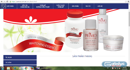 Hai sản phẩm Clear Sport và HGF Boost dòng mỹ phẩm PRIMO được Thẩm mỹ Pamas quảng cáo trên Website pamas.com.vn.