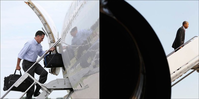 Ứng cử viên Romney lên máy bay trong chiến dịch tranh cử tại sân bay quốc tế Des Moines ở Iowa. Còn ông Obama đang lên chiếc phi cơ Air Force One tại căn cứ không quân Andrews ở Maryland.