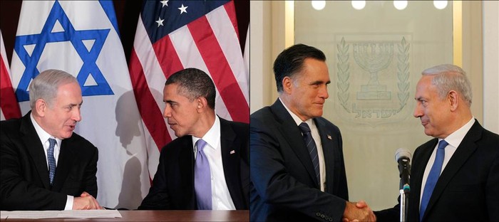 Ông Obama nói chuyện với Thủ tướng Israel Benjamin Netanyahu tại tòa nhà Liên Hiệp Quốc. Bên phải là ông Romney trong cuộc gặp với Netanyahu ở Jerusalem.