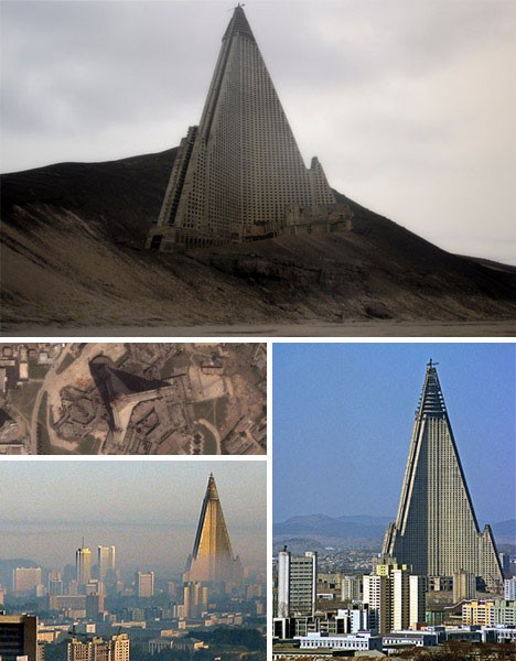 Khách sạn Ryugyong mang hình dáng của một kim tự tháp phủ bằng kính lấp lánh.