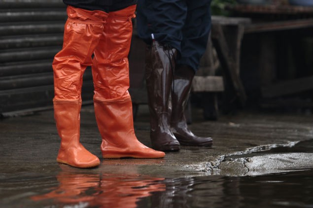 Ủng cao cao gắn liền với quần áo mưa để dùng đi lại ở những nơi lụt sâu