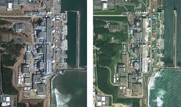 Ảnh nhà máy điện hạt nhân Fukushima 1 ngày 19/3/2011 (trái) và ngày 16/9/2011