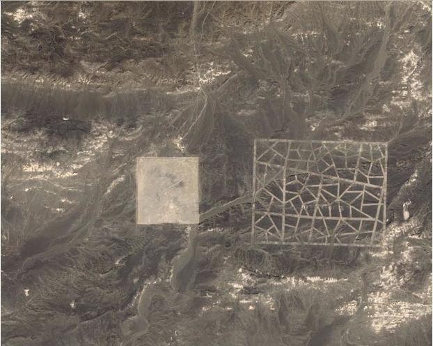 Cấu trúc kỳ lạ trong sa mạc ở Trung Quốc được phát hiện bởi Google Map. Những đường kẻ trông giống như được xe ủi đất hoặc sơn tạo ra
