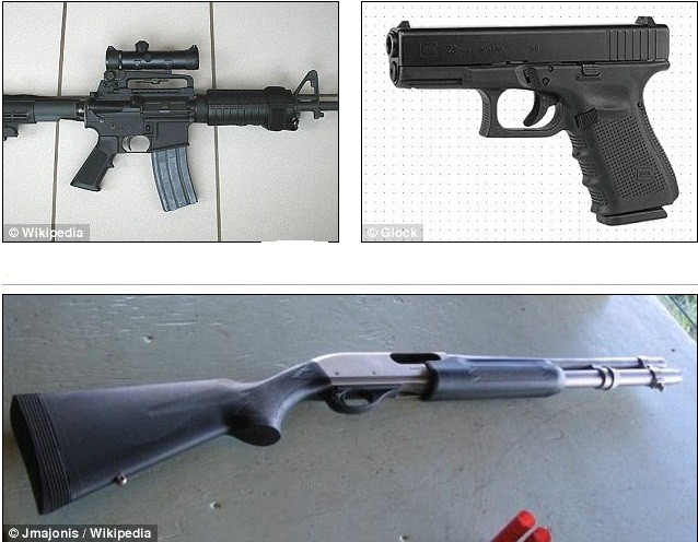 Từ trái sang phải: Khẩu Colt AR-15 Tactical Carbine, khẩu súng lục Glock cỡ nòng 0,40 và khẩu Remington 870 Marine Magnum (dưới) Holmes đã thu thập được để dùng trong vụ thảm sát.
