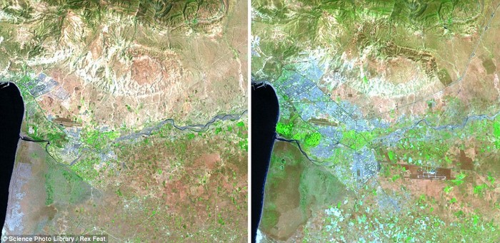 Sự tăng trưởng của các thành phố ven biển Đại Tây Dương của Morocco năm 1985 (trái) và năm 2011.