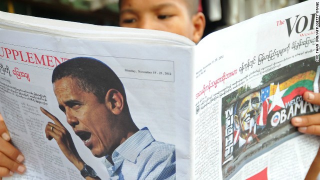 Trên trang bìa nhiều tờ báo xuất bản ở Myanmar hôm nay đều có hình của ông Obama.