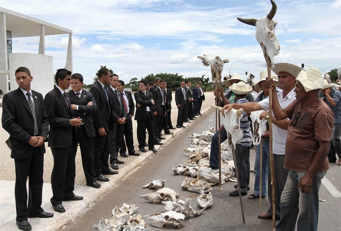 Nông dân Brazil bị ảnh hưởng bởi hạn hán mang sọ bò đi biểu tình kêu gọi Tổng thống xóa nợ ngân hàng hôm 4/12.