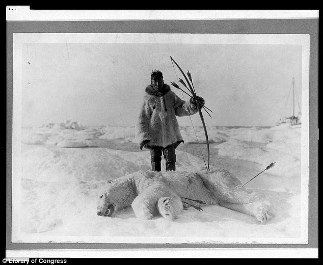 Một thợ săn Eskimo và con gấu Bắc Cực vừa săn được bằng cung nỏ năm 1924.