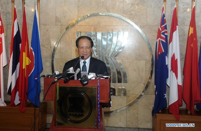 Tổng thư ký ASEAN Lê Lương Minh phát biểu trong buổi lễ nhậm chức tại trụ sở ASEAN ở Jakarta.