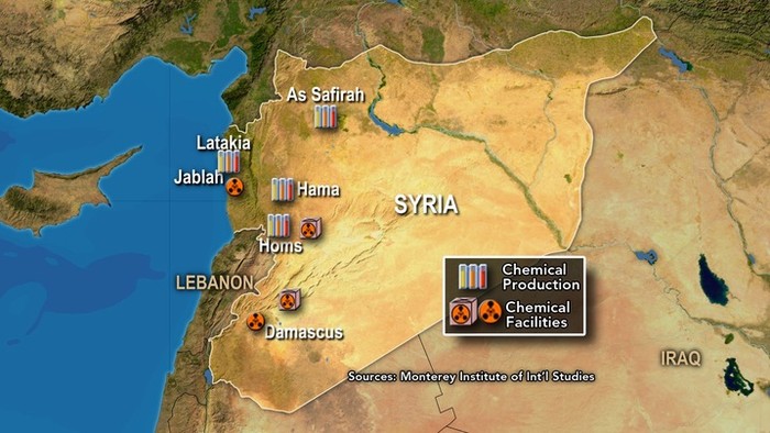 Sơ đồ các kho lưu trữ và sản xuất vũ khí hóa học của Syria được biết tới rộng rãi.