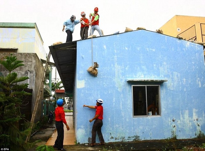 Các tình nguyện viên hỗ trợ người dân phòng chống bão.