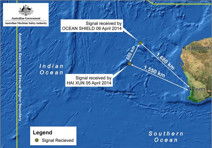 Vị trí tàu Hải quân Úc và Trung Quốc phát hiện thấy các tín hiệu giống với tín hiệu phát ra từ hộp đen máy bay.