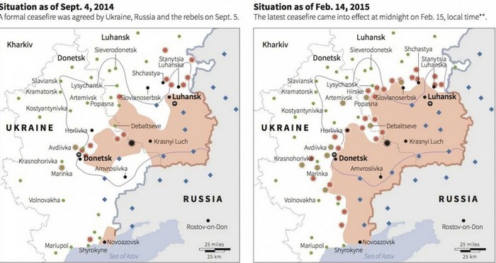 Bản đồ khu thể hiện khu vực kiểm soát của lực lượng ly khai tại miền Đông Ukraine trước và sau khi lệnh ngừng bắn được ký kết.