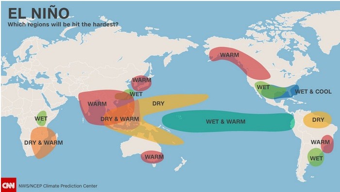 Các khu vực chịu tác động của El Nino.