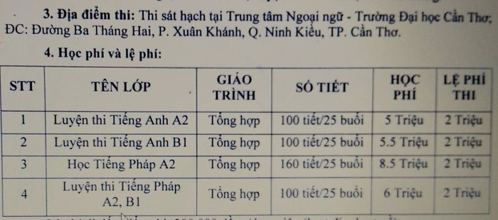 Đây là bảng báo giá &quot;luyện thi&quot; của một Trung tâm Giáo dục Thường xuyên và Dạy nghề liên kết với Đại học Cần Thơ (Ảnh: Thanh An)