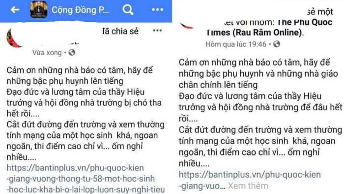 Dòng trạng thái trên Facebook của phụ huynh (Ảnh chụp từ Facebook)