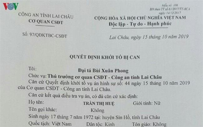 Quyết định khởi tố bị can Trần Thị Huệ (Ảnh: VOV.vn)