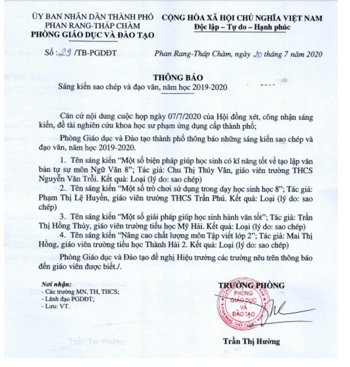 Danh sách 4 giáo viên sao chép sáng kiến kinh nghiệm ở Phan Rang- Tháp Chàm (Ảnh: Báo Giáo dục và Thời đại)