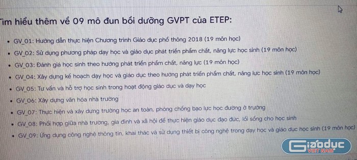 Có nhiều chuyên đề bồi dưỡng chương trình mới trùng lặp, chồng chéo (Ảnh chụp từ màn hình)