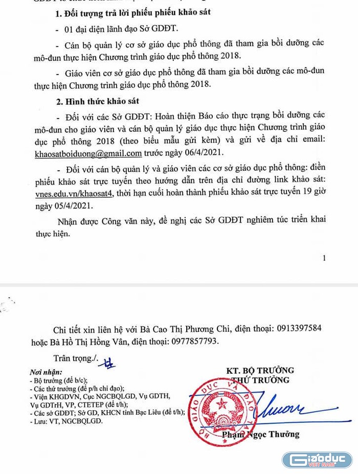 Công văn số 1195/BGDDT-NGCBQLGD yêu cầu giáo viên thực hiện khảo sát chương trình mới (Ảnh chụp từ màn hình)