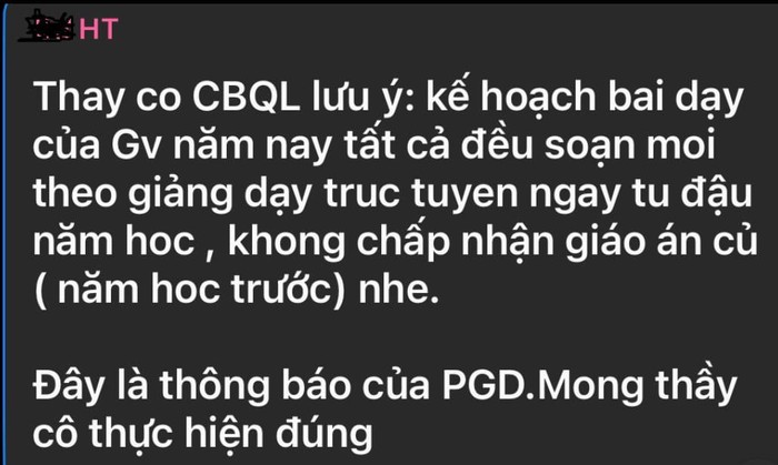 Tin nhắn của Ban giám hiệu gửi cho giáo viên trong trường (Ảnh do bạn đọc cung cấp)