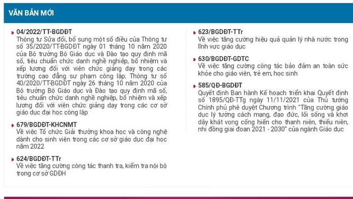 Mỗi năm, Bộ Giáo dục và Đào tạo ban hành rất nhiều văn bản chỉ đạo, điều hành (Ảnh chụp màn hình từ Cổng thông tin của Bộ)