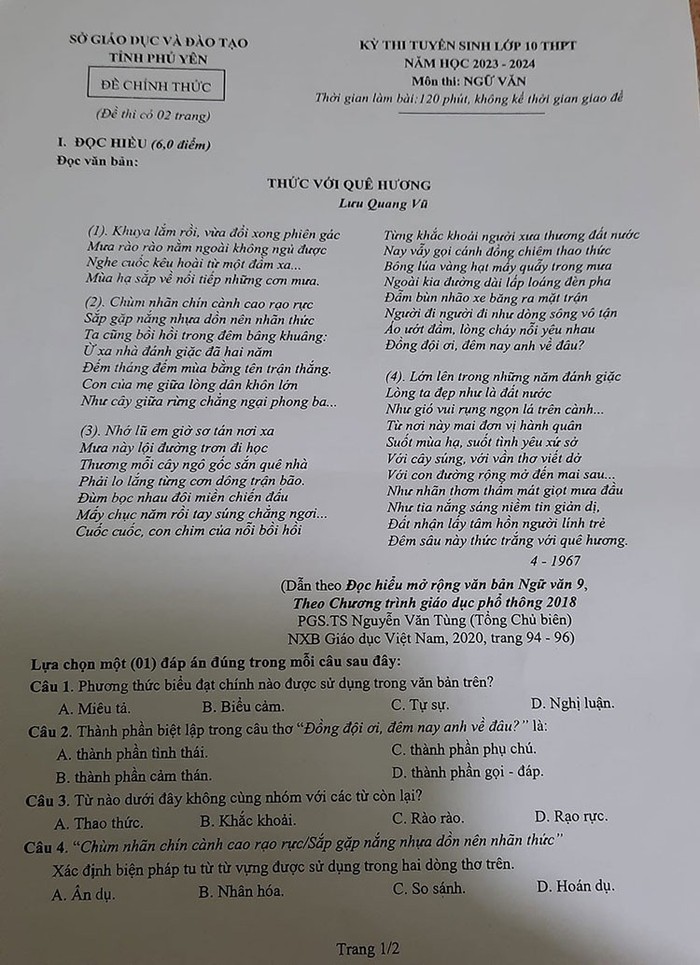 Đề Ngữ văn trong kỳ thi tuyển sinh 10 của Phú Yên ra theo cấu trúc, hình thức tập huấn của Bộ Ảnh minh họa: doctailieu.com