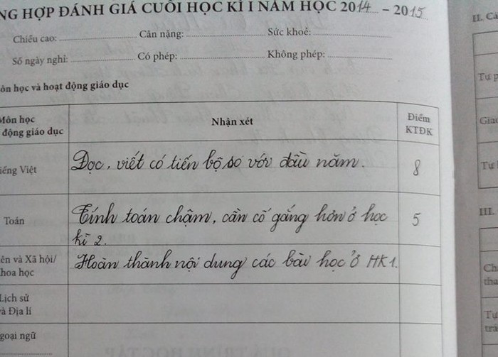 Giáo viên đánh giá cuối học kỳ I năm học 2014-2015 theo Thông tư 30. (Nguồn ảnh: FB)