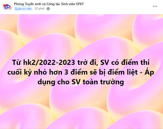 Ảnh chụp màn hình về Thông báo của Phòng Tuyển sinh và Công tác Sinh viên của trường được một sinh viên chụp lại và đăng trên nhóm sinh viên của trường.